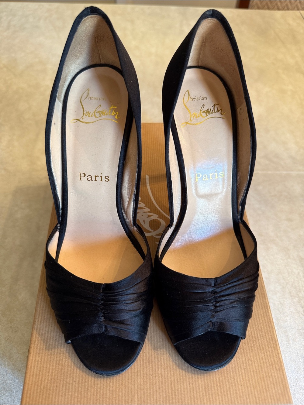 Christian Louboutin Black Satin Peep-Toe Pumps with Ruched Vamp